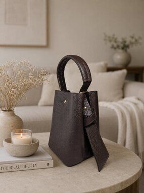 Dark Brown Italian Leather Bucket Bag, Genuine Leather Handbag